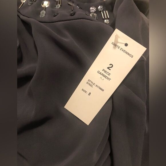 NWT Ignite Evening 2 Piece Purple/Eggplant Chiffon Rhinestones Dress & Cardigan - Picture 10 of 10